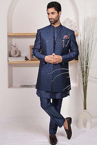 Midnight Blue Jacquard & Poly Cotton Indo-Western Set by Zoop Men