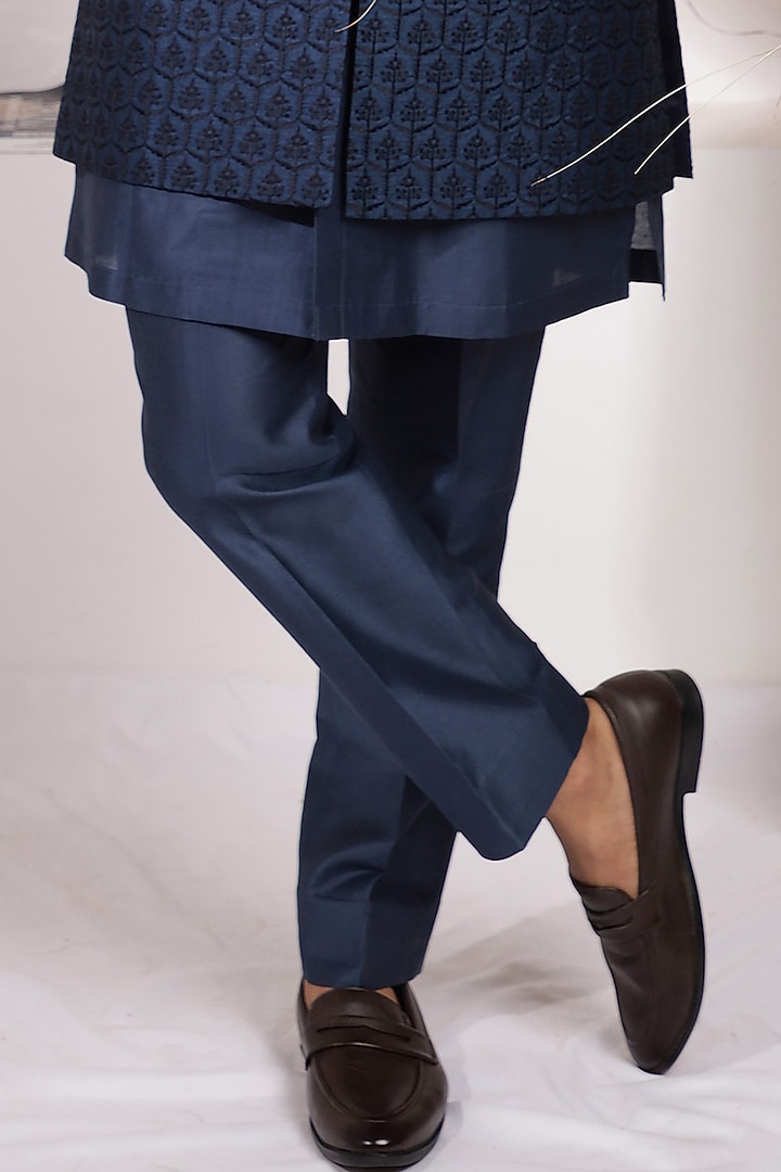 Midnight Blue Jacquard & Poly Cotton Indo-Western Set by Zoop Men at Pernia's Pop Up Shop