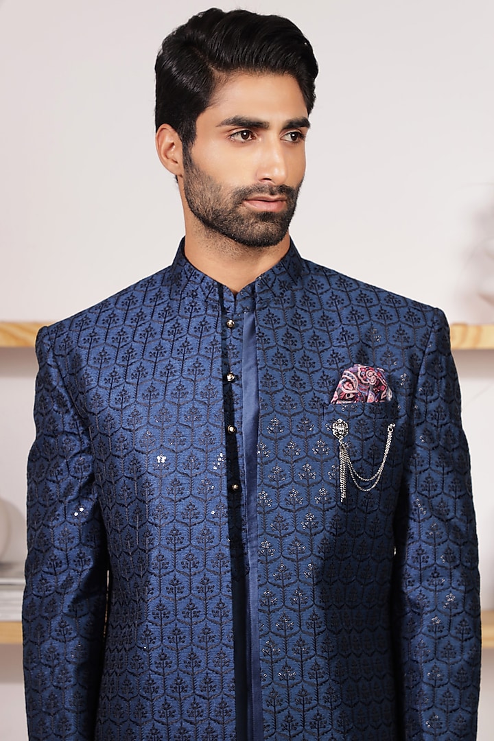 Midnight Blue Jacquard & Poly Cotton Indo-Western Set by Zoop Men at Pernia's Pop Up Shop