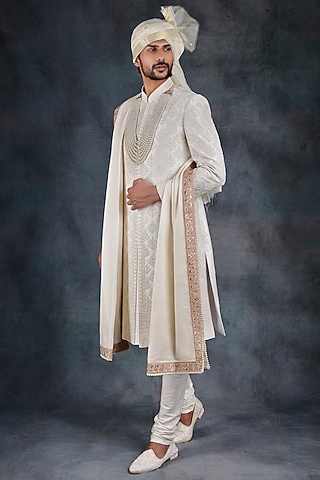 Ivory Pure Raw Silk Printed & Embroidered Sherwani Set by Zoop Men