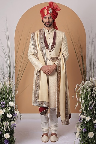 Gold Jacquard Silk Printed & Embroidered Sherwani Set by Zoop Men