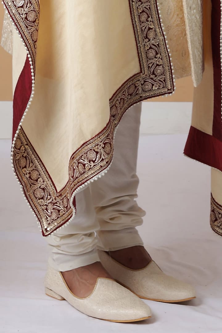 Gold Jacquard Silk Printed & Embroidered Wedding Sherwani Set by Zoop Men at Pernia's Pop Up Shop