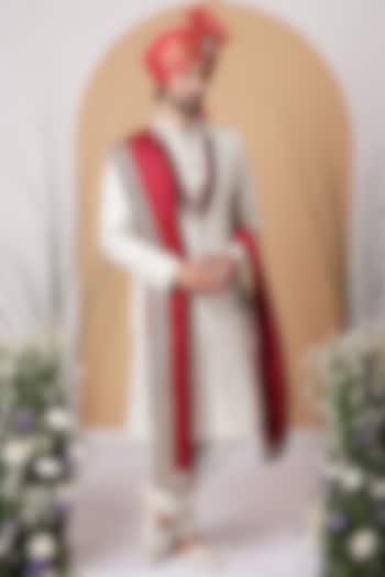 Off-White Jacquard Printed & Embroidered Wedding Sherwani Set by Zoop Men at Pernia's Pop Up Shop