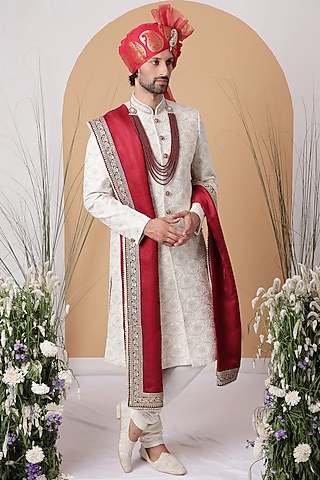 Off-White Jacquard Printed & Embroidered Sherwani Set by Zoop Men
