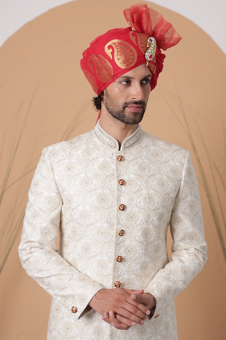 Off-White Jacquard Printed & Embroidered Wedding Sherwani Set by Zoop Men at Pernia's Pop Up Shop
