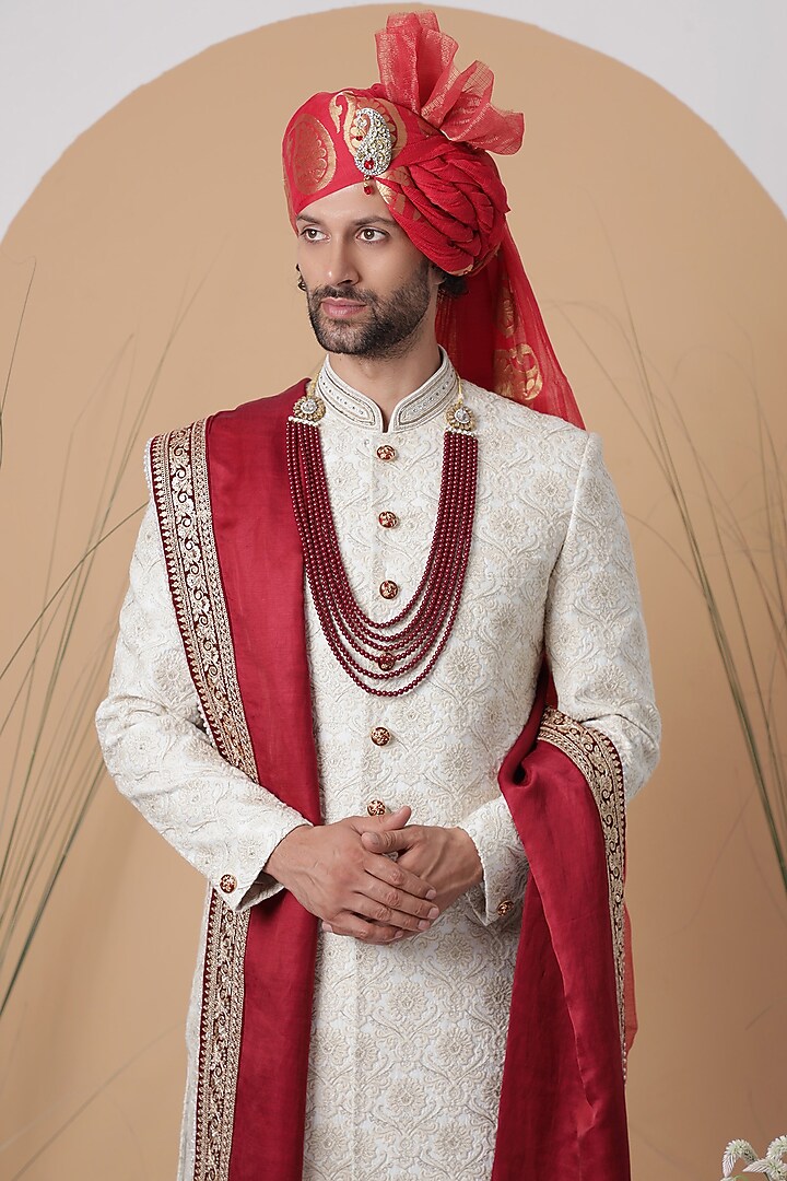 Off-White Jacquard Printed & Embroidered Wedding Sherwani Set by Zoop Men at Pernia's Pop Up Shop