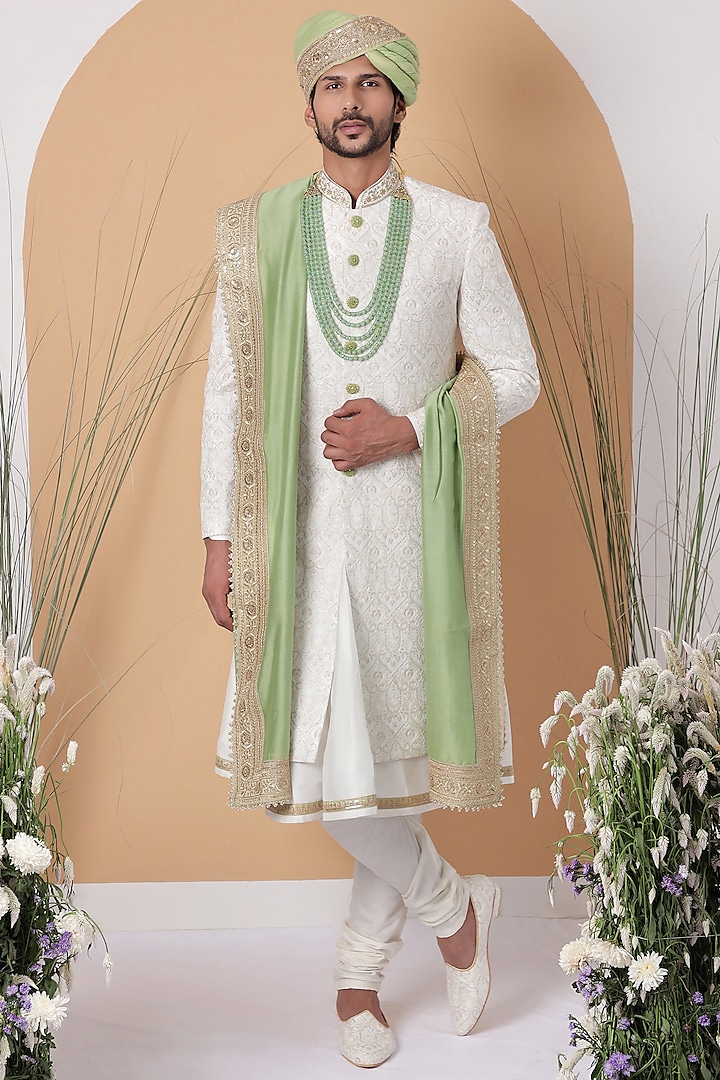Pristine White Cotton Jacquard Embroidered Sherwani Set by Zoop Men
