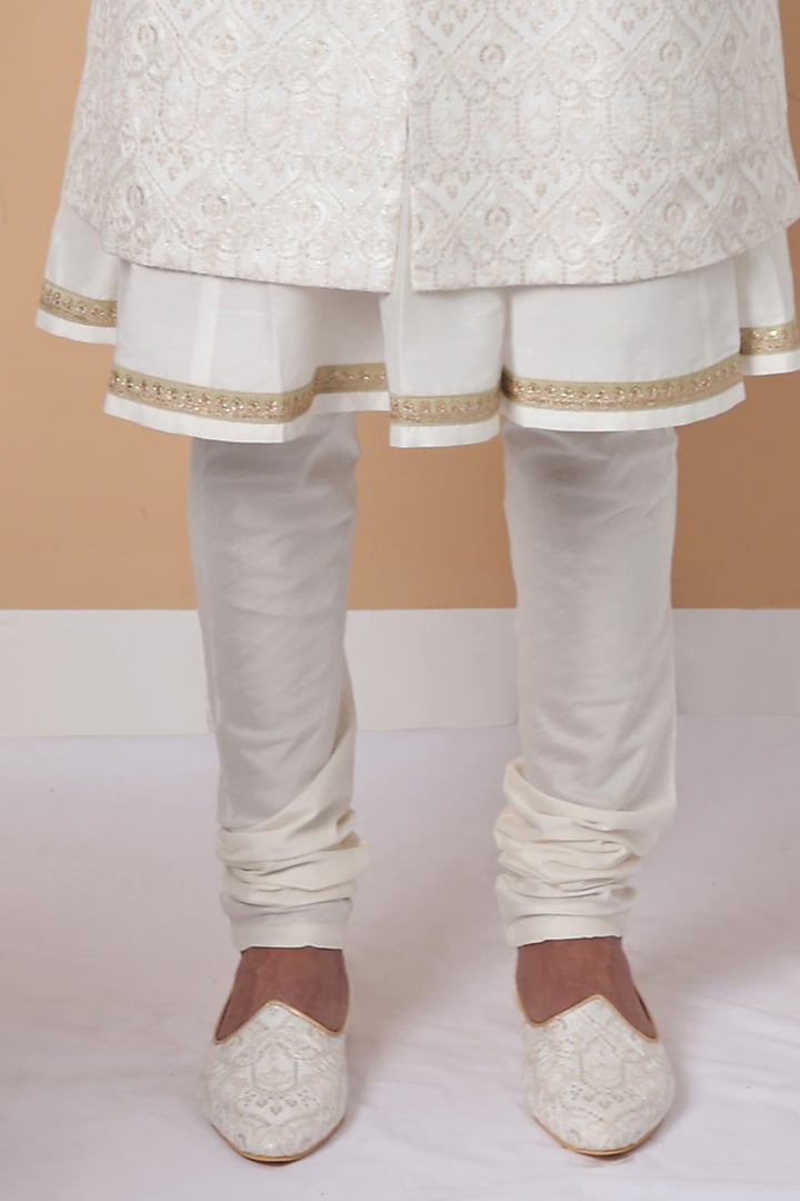 Pristine White Cotton Jacquard Embroidered Wedding Sherwani Set by Zoop Men at Pernia's Pop Up Shop