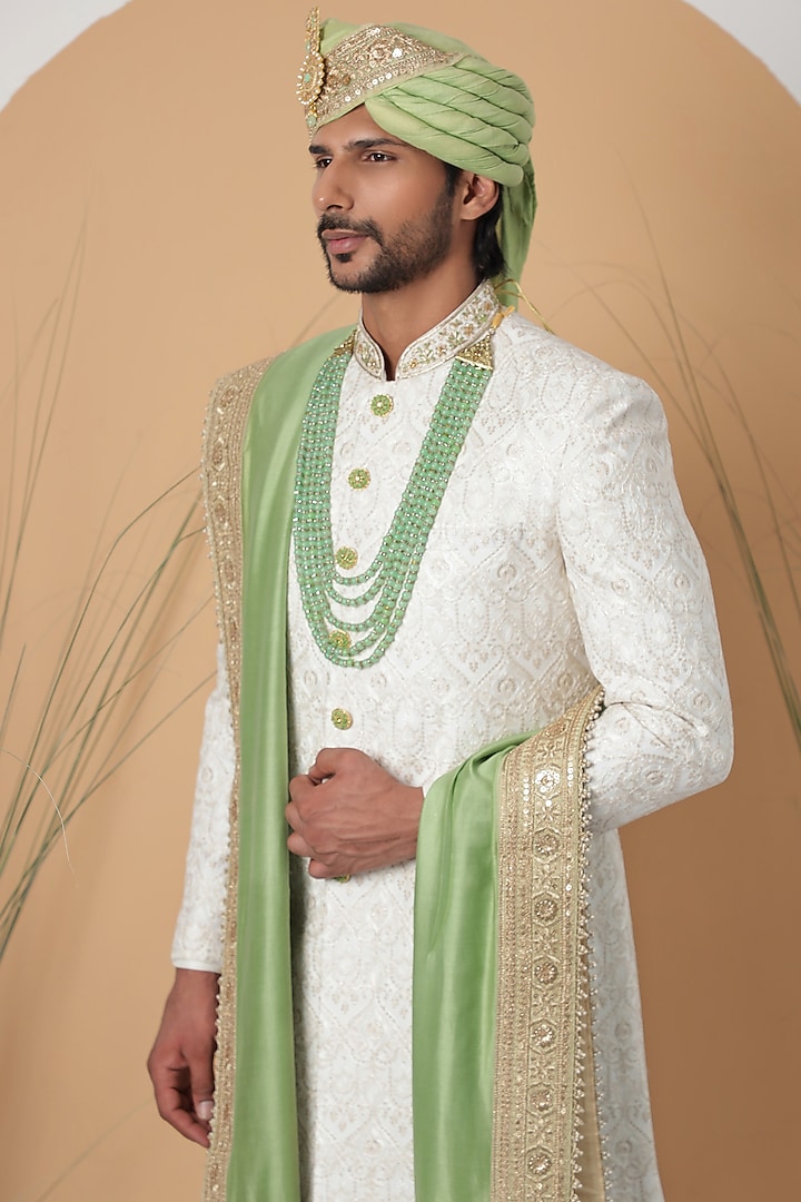 Pristine White Cotton Jacquard Embroidered Wedding Sherwani Set by Zoop Men at Pernia's Pop Up Shop