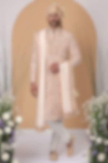 Coral Peach Silk Printed & Embroidered Wedding Sherwani Set by Zoop Men at Pernia's Pop Up Shop