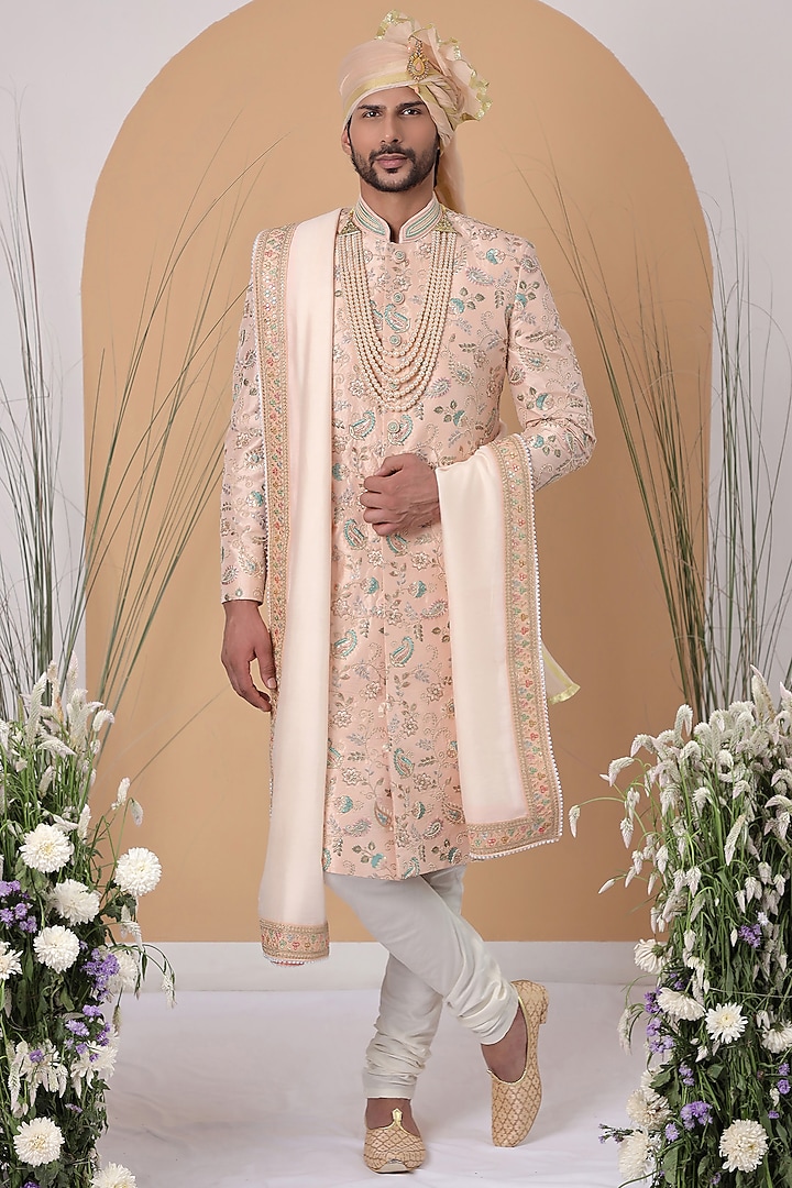 Coral Peach Silk Printed & Embroidered Wedding Sherwani Set by Zoop Men at Pernia's Pop Up Shop