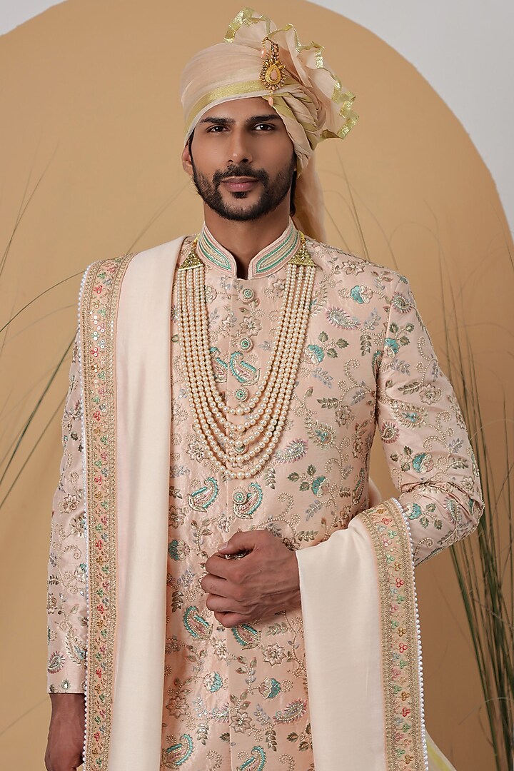 Coral Peach Silk Printed & Embroidered Wedding Sherwani Set by Zoop Men at Pernia's Pop Up Shop