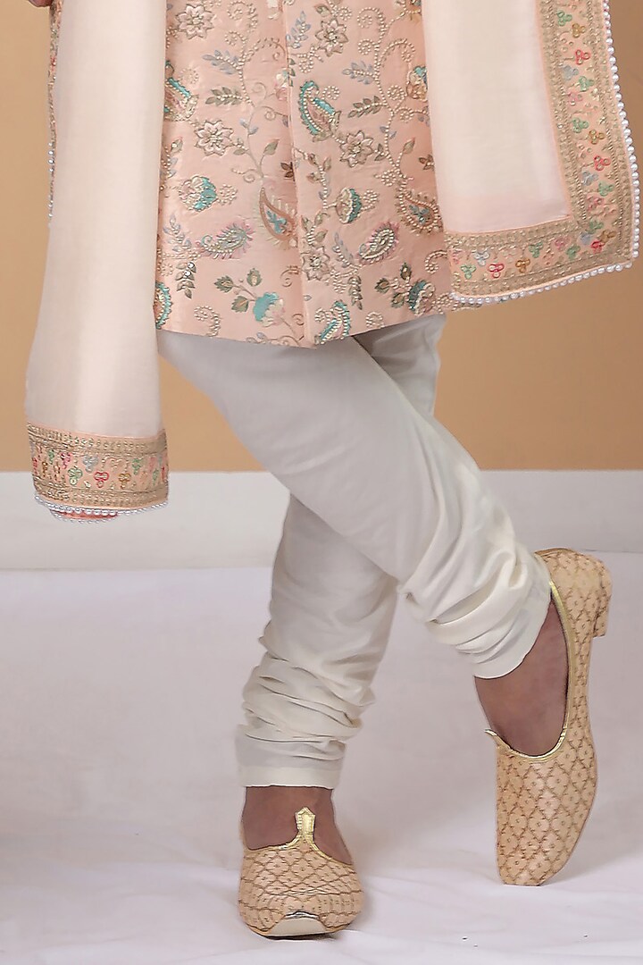 Coral Peach Silk Printed & Embroidered Wedding Sherwani Set by Zoop Men at Pernia's Pop Up Shop