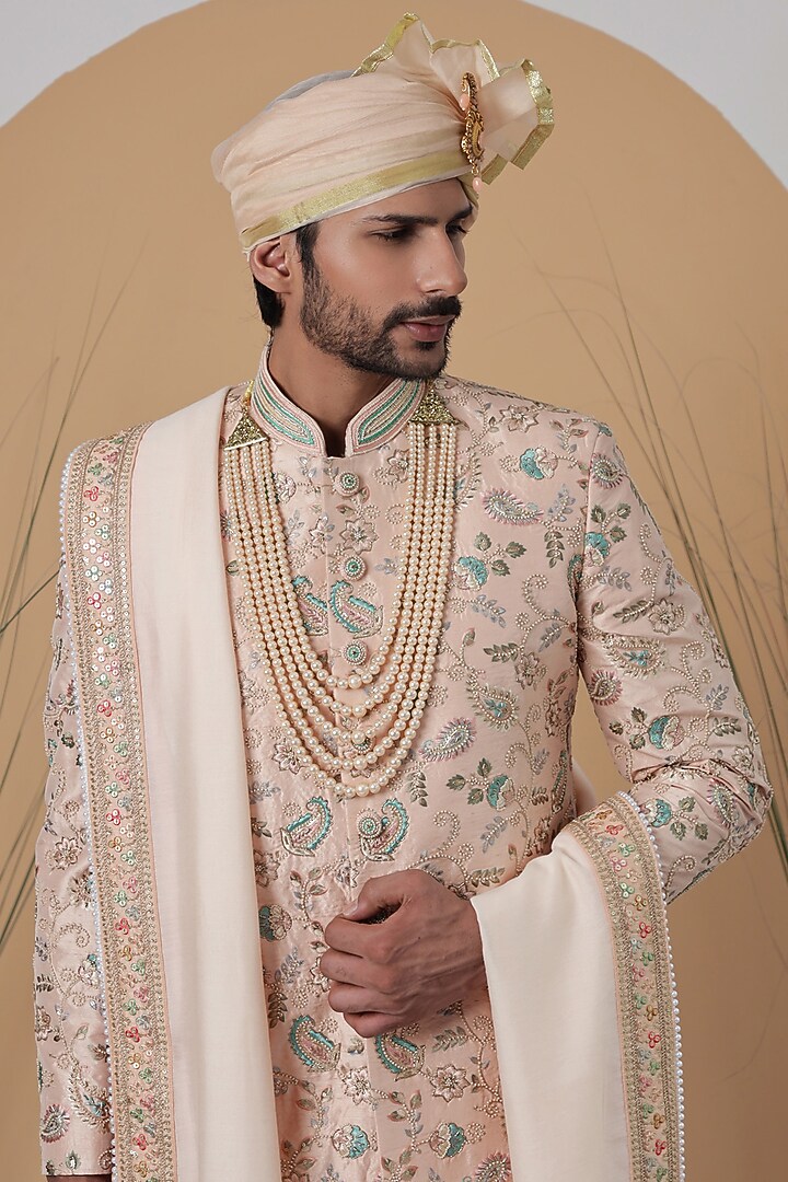 Coral Peach Silk Printed & Embroidered Wedding Sherwani Set by Zoop Men at Pernia's Pop Up Shop
