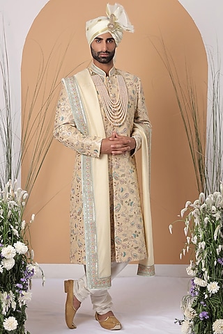 Lime Yellow Silk Printed & Embroidered Sherwani Set by Zoop Men