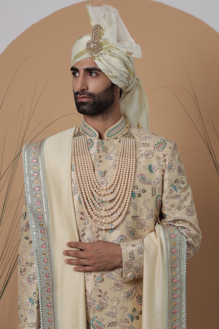 Lime Yellow Silk Printed & Embroidered Groom Sherwani Set by Zoop Men at Pernia's Pop Up Shop