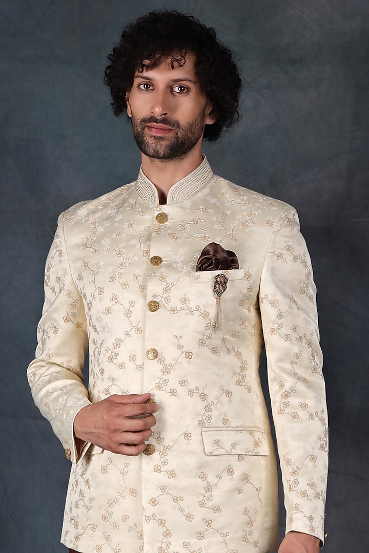 Beige Jacquard Thread Embroidered Bandhgala Set by Zoop Men at Pernia's Pop Up Shop