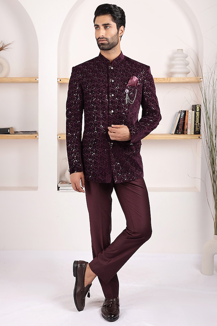 Wine Velvet & Terry Rayon Embroidered Bandhgala Set by Zoop Men