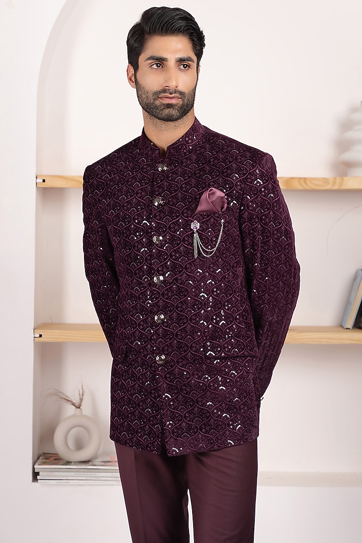 Wine Velvet & Terry Rayon Embroidered Bandhgala Set by Zoop Men at Pernia's Pop Up Shop