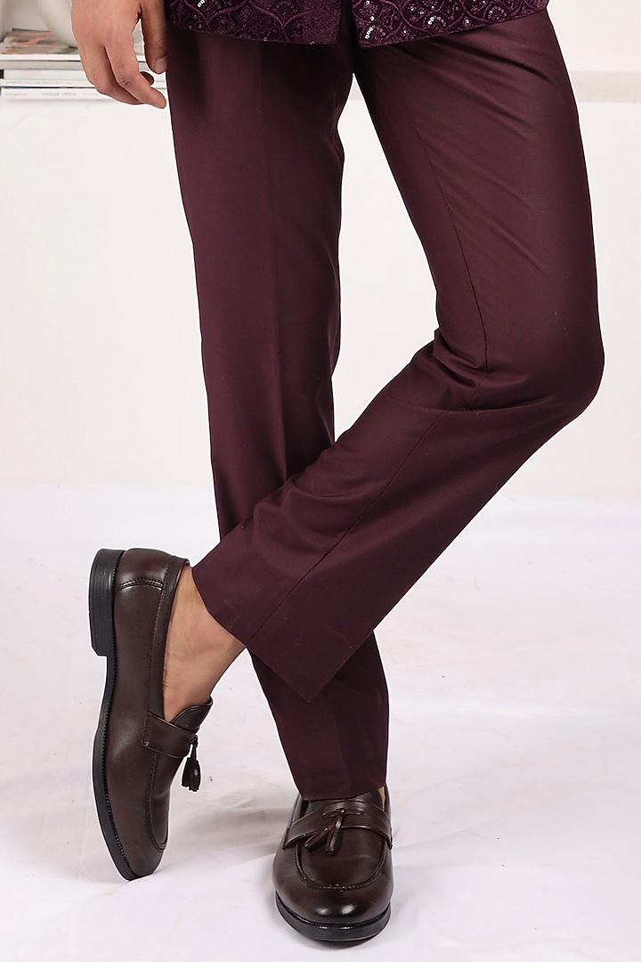 Wine Velvet & Terry Rayon Embroidered Bandhgala Set by Zoop Men at Pernia's Pop Up Shop