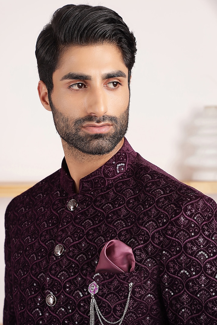 Wine Velvet & Terry Rayon Embroidered Bandhgala Set by Zoop Men at Pernia's Pop Up Shop