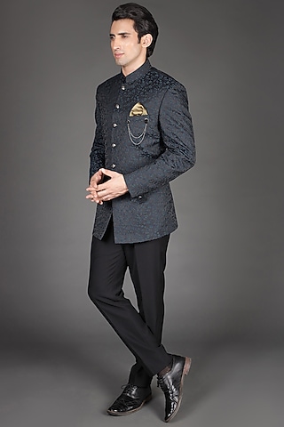 Dark Teal Jacquard & Terry Rayon Bandhgala Set by Zoop Men