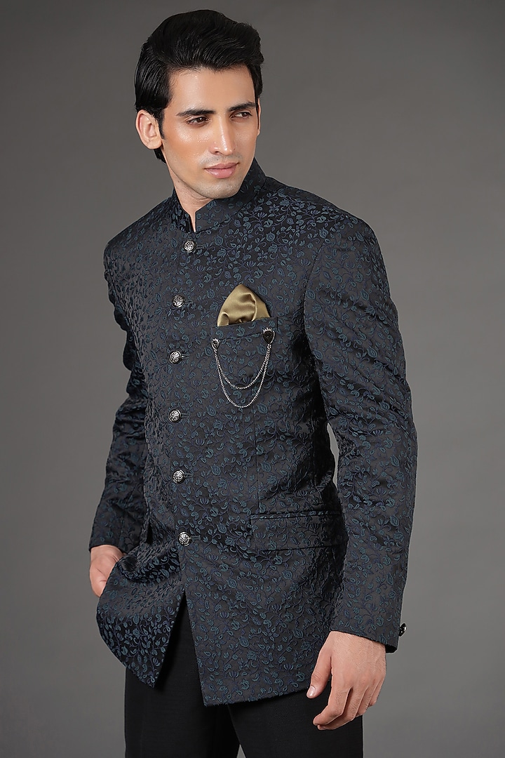 Dark Teal Jacquard & Terry Rayon Bandhgala Set by Zoop Men at Pernia's Pop Up Shop