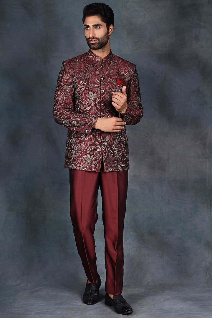 Deep Red Jacquard & Terry Rayon Embroidered Bandhgala Set by Zoop Men
