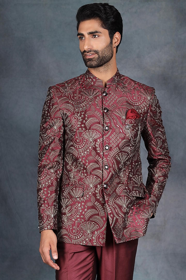 Deep Red Jacquard & Terry Rayon Embroidered Bandhgala Set by Zoop Men at Pernia's Pop Up Shop