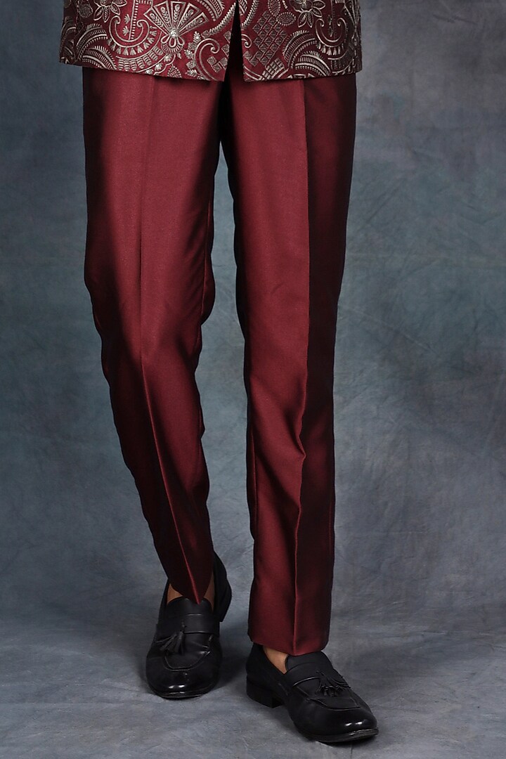Deep Red Jacquard & Terry Rayon Embroidered Bandhgala Set by Zoop Men at Pernia's Pop Up Shop