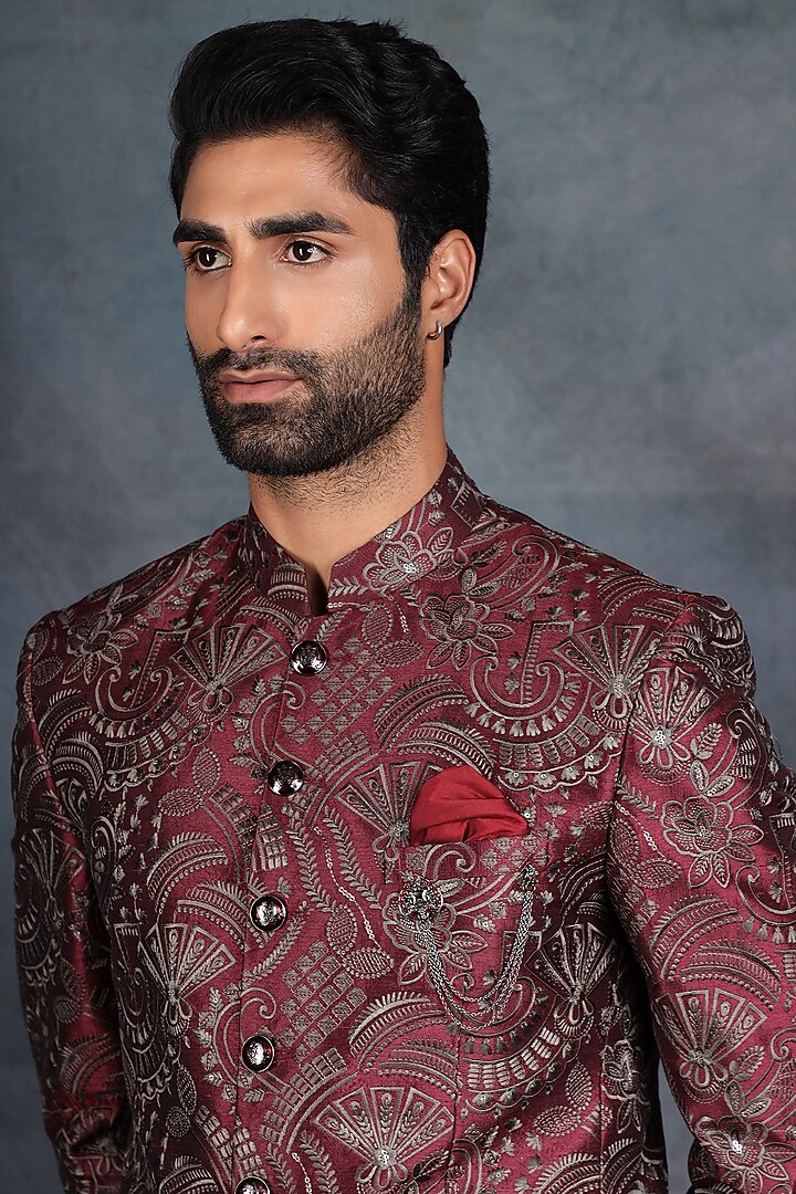 Deep Red Jacquard & Terry Rayon Embroidered Bandhgala Set by Zoop Men at Pernia's Pop Up Shop
