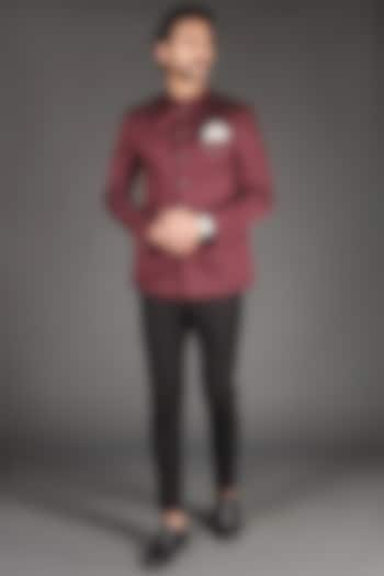 Maroon Jacquard & Terry Rayon Bandhgala Set by Zoop Men