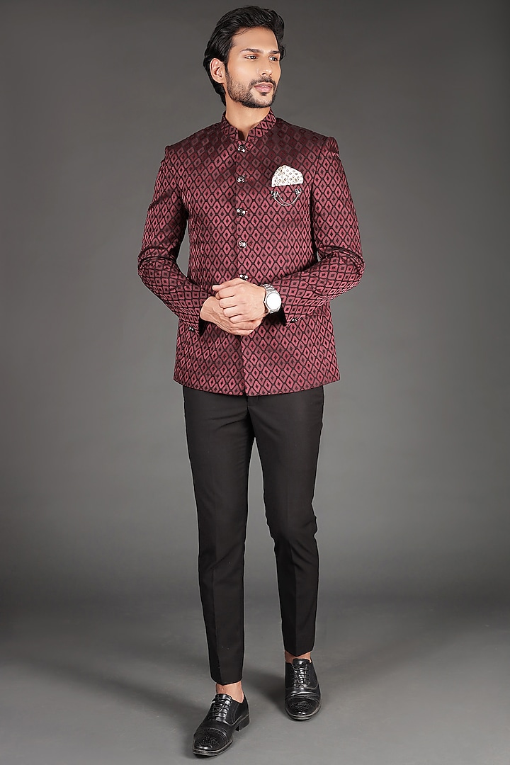 Maroon Jacquard & Terry Rayon Bandhgala Set by Zoop Men