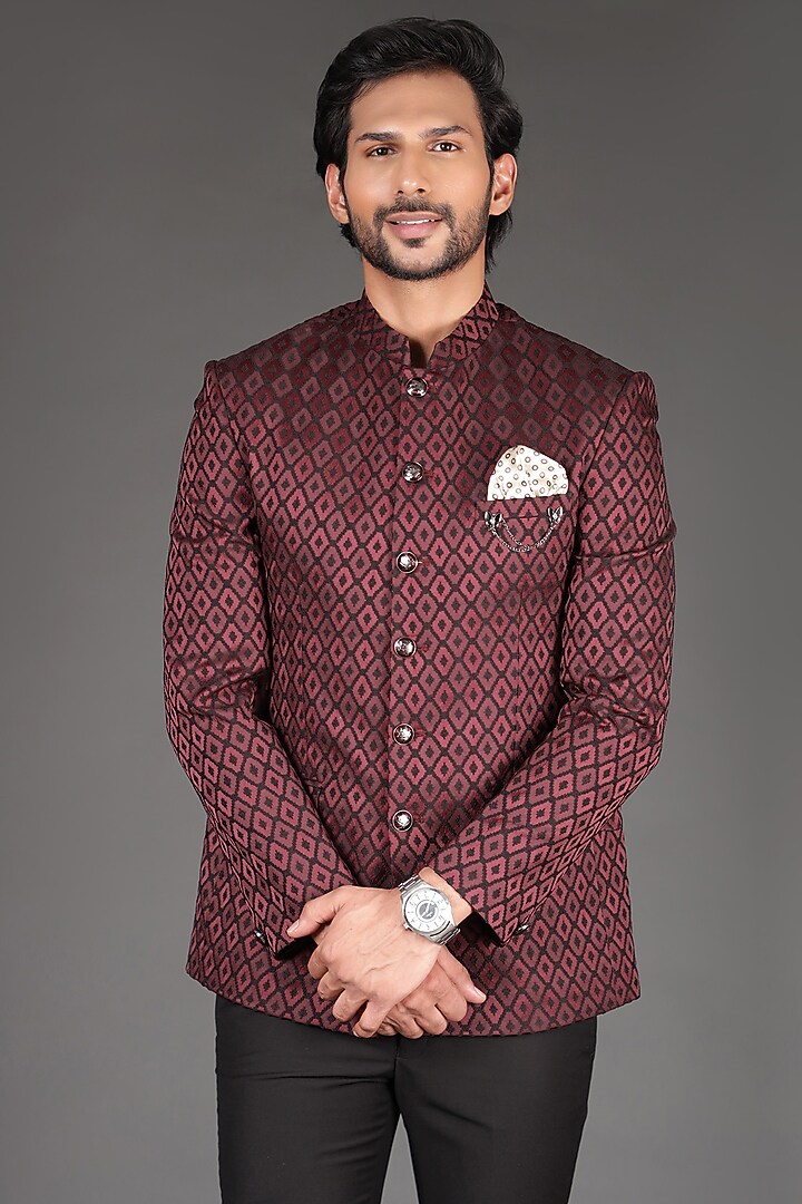 Maroon Jacquard & Terry Rayon Bandhgala Set by Zoop Men at Pernia's Pop Up Shop