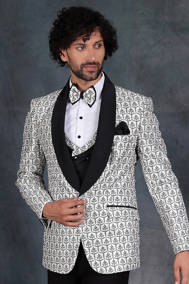 White Black Jacquard Printed Tuxedo Set by Zoop Men at Pernia's
