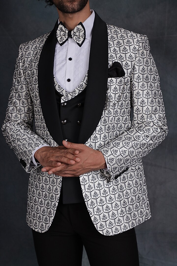 White & Black Jacquard Printed Tuxedo Set by Zoop Men at Pernia's Pop Up Shop