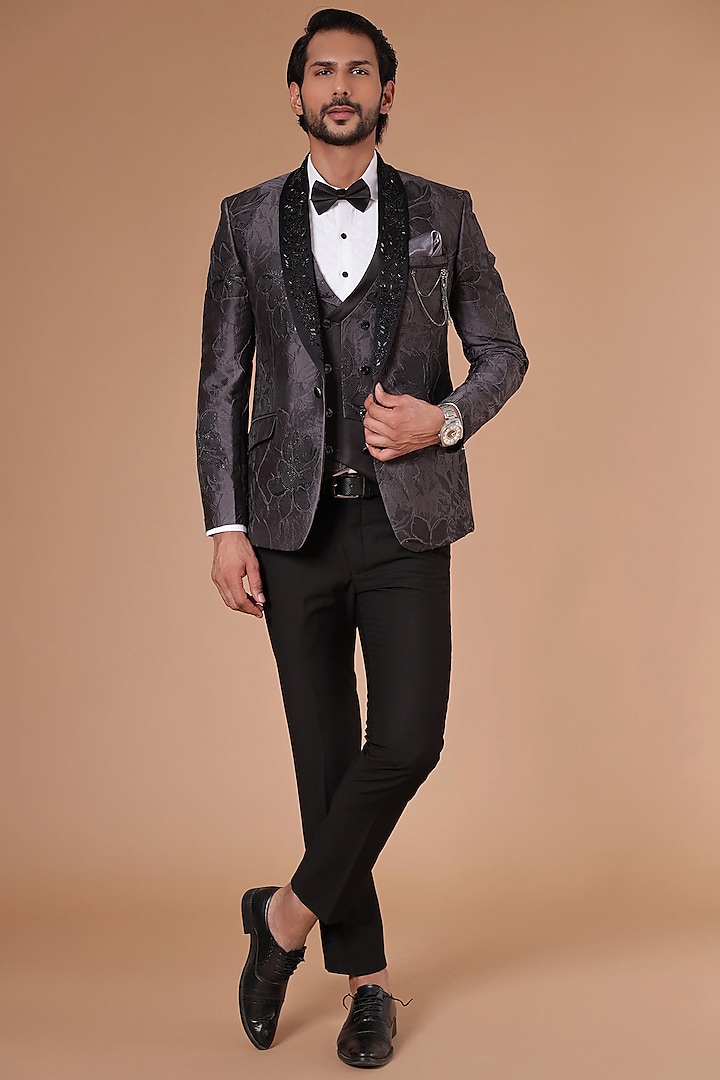 Charcoal Grey Jacquard & Terry Rayon Embroidered Tuxedo Set by Zoop Men
