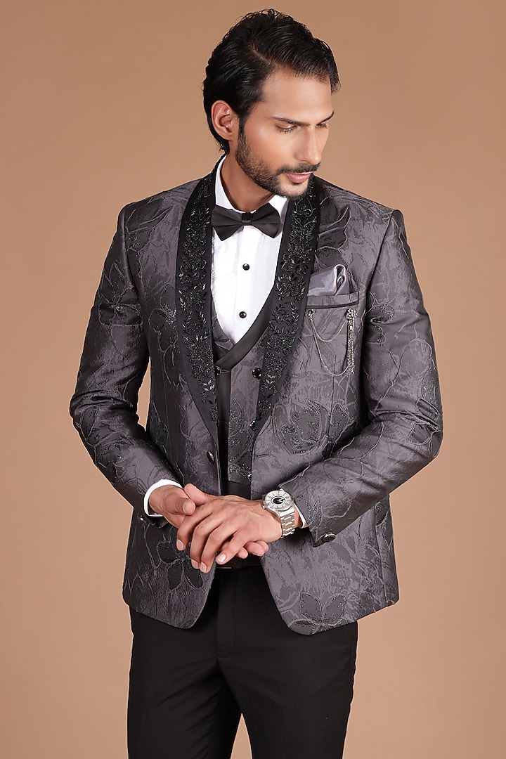 Charcoal Grey Jacquard & Terry Rayon Embroidered Tuxedo Set by Zoop Men at Pernia's Pop Up Shop