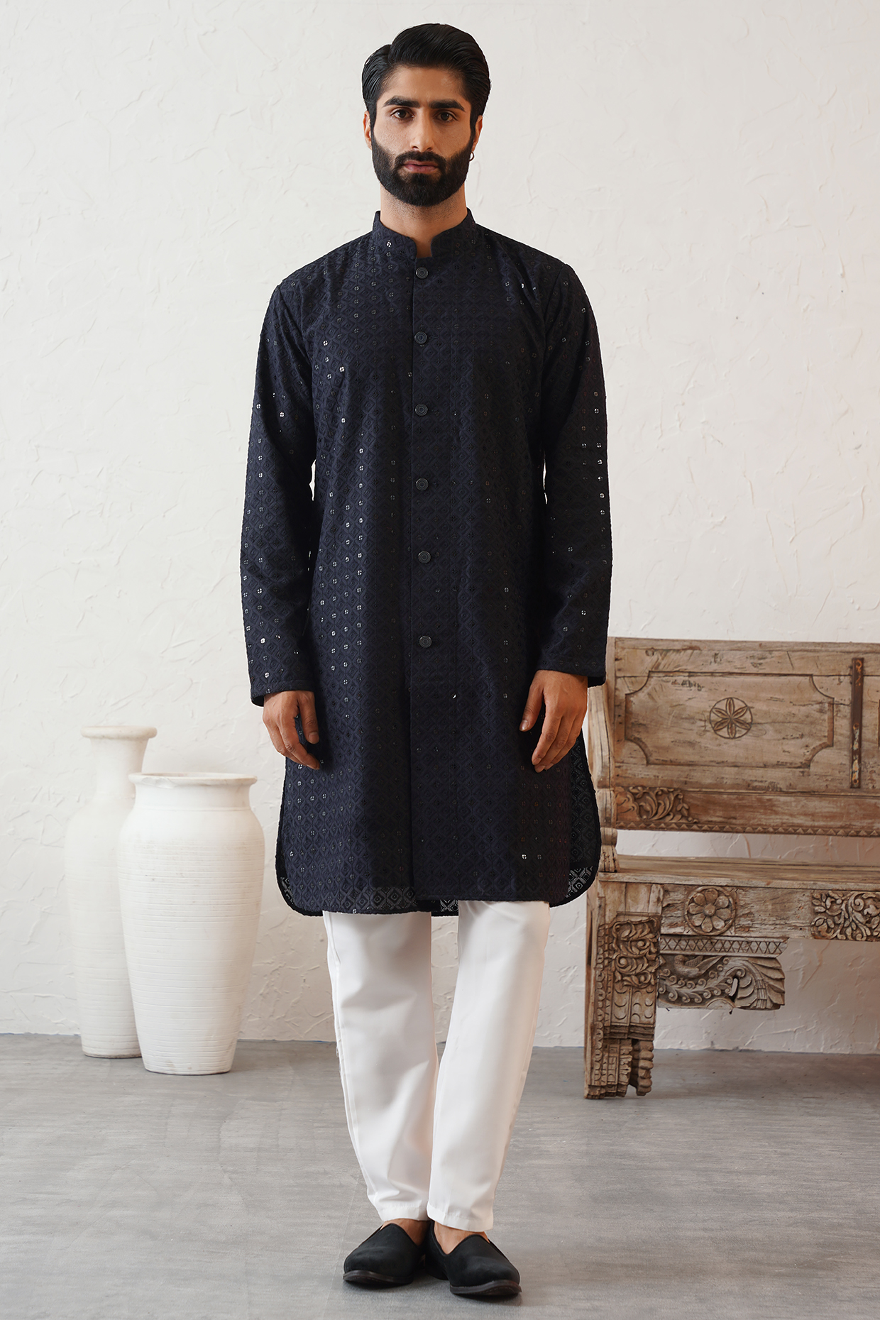 Navy Blue Cotton Silk Sequins Embroidered Kurta Set by Zoop Men