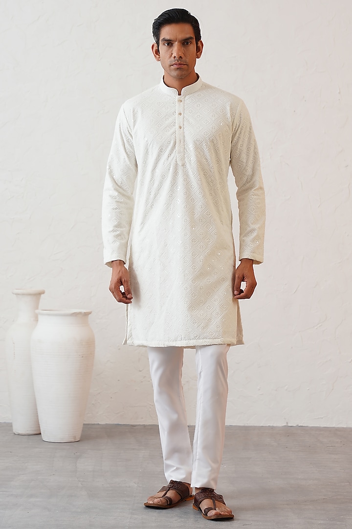 Off-White Cotton Silk Sequins Embroidered Kurta Set by Zoop Men