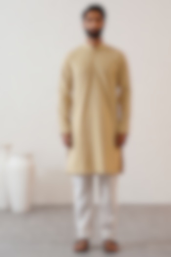 Pale Yellow Cotton Silk Sequins Embroidered Kurta Set by Zoop Men