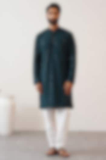 Dark Teal Cotton Silk Sequins Embroidered Kurta Set by Zoop Men