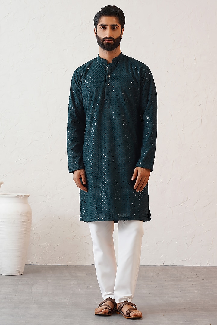 Dark Teal Cotton Silk Sequins Embroidered Kurta Set by Zoop Men