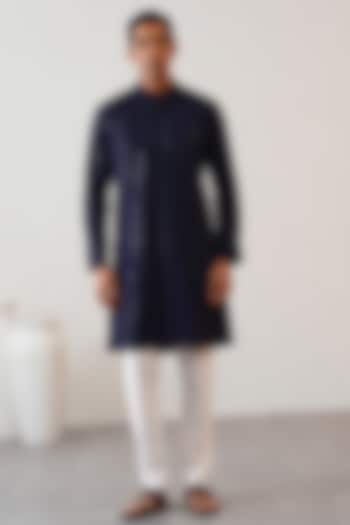Dark Blue Cotton Silk Sequins Embroidered Kurta Set by Zoop Men