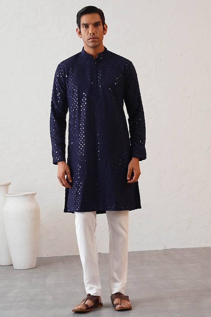 Dark Blue Cotton Silk Sequins Embroidered Kurta Set by Zoop Men