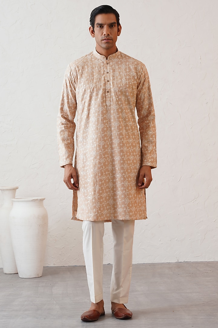 Cream Cotton Silk Sequins Embroidered Kurta Set by Zoop Men at Pernia's Pop Up Shop