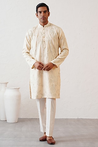 Biscuit Cream Cotton Silk Zari Thread Embroidered Kurta Set by Zoop Men
