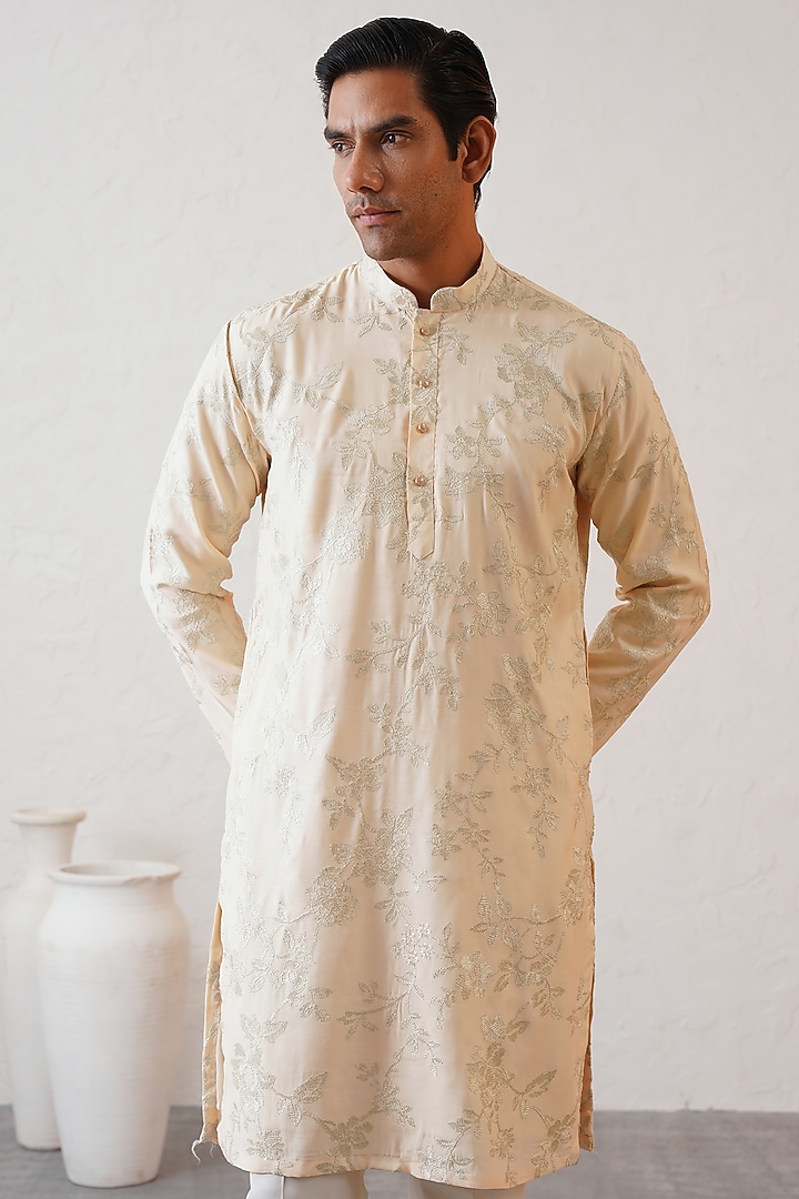 Biscuit Cream Cotton Silk Zari Thread Embroidered Kurta Set by Zoop Men at Pernia's Pop Up Shop