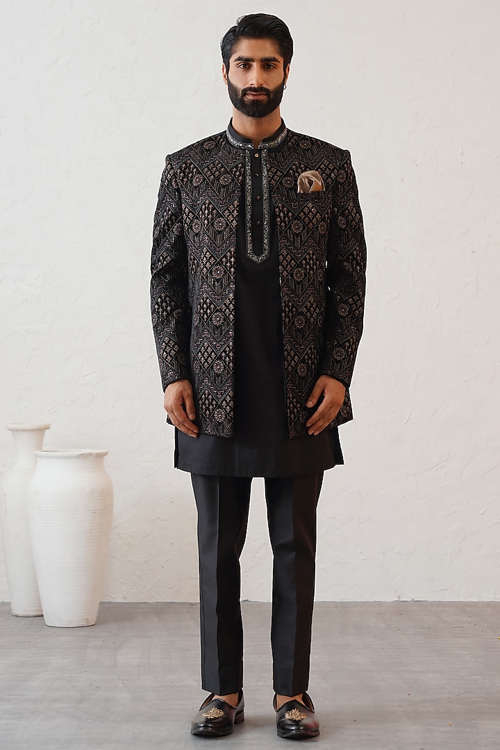 Black Velvet Embroidered Jodhpuri Set by Zoop Men