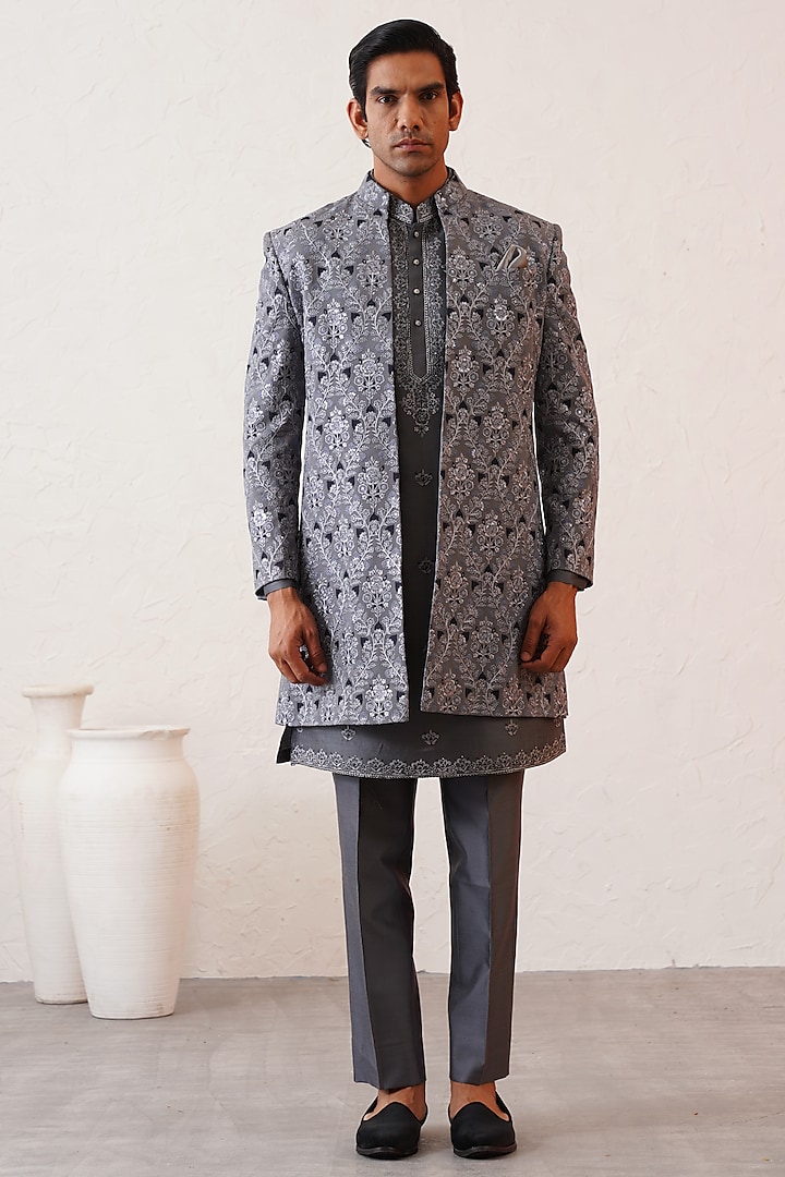 Grey Georgette Thread Embroidered Indowestern Set by Zoop Men